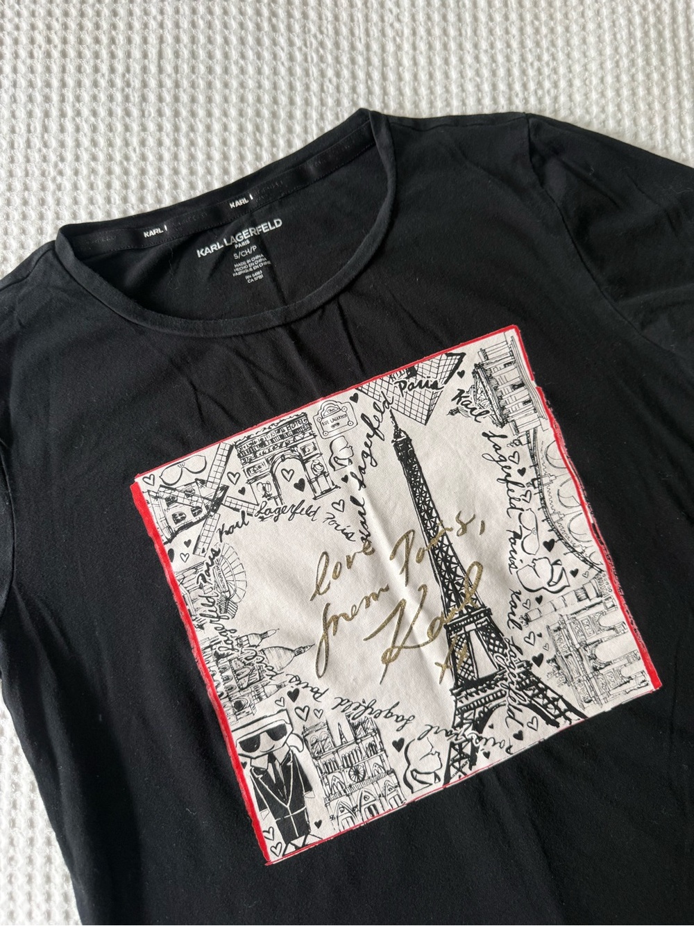 Karl Lagerfeld Black Tee with Paris Square Graphic and Gold Script